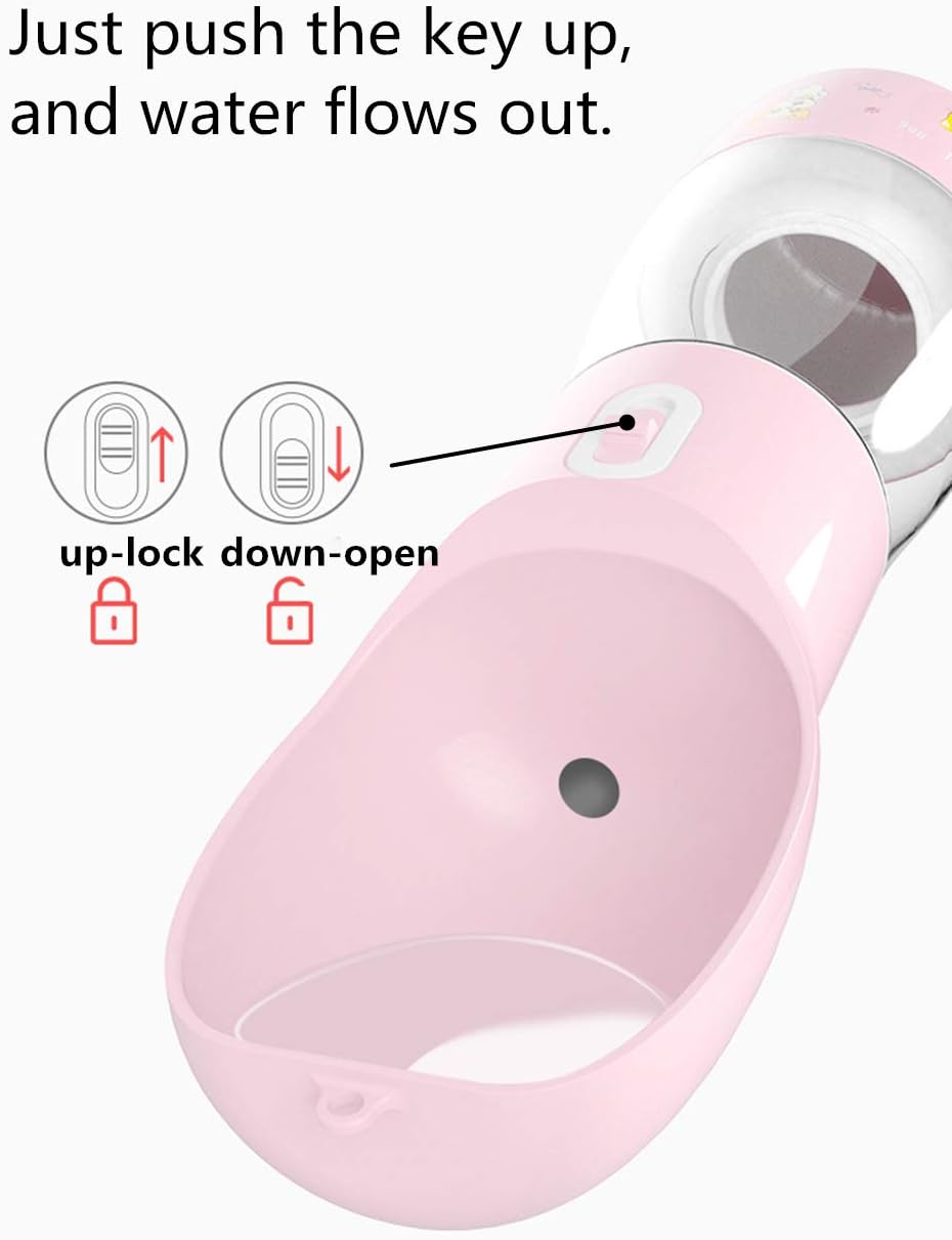Portable Dog Water Bottle - Leak-Proof Dispenser with Integrated Bowl and Food Container, Dishwasher Safe, Made from Food Grade Plastic for Outdoor Activities with Pets, Pink