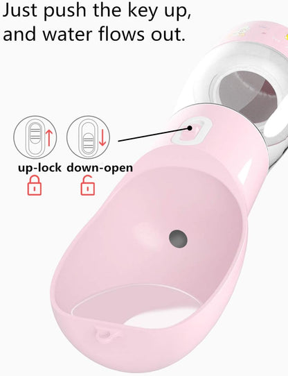 Portable Dog Water Bottle - Leak-Proof Dispenser with Integrated Bowl and Food Container, Dishwasher Safe, Made from Food Grade Plastic for Outdoor Activities with Pets, Pink
