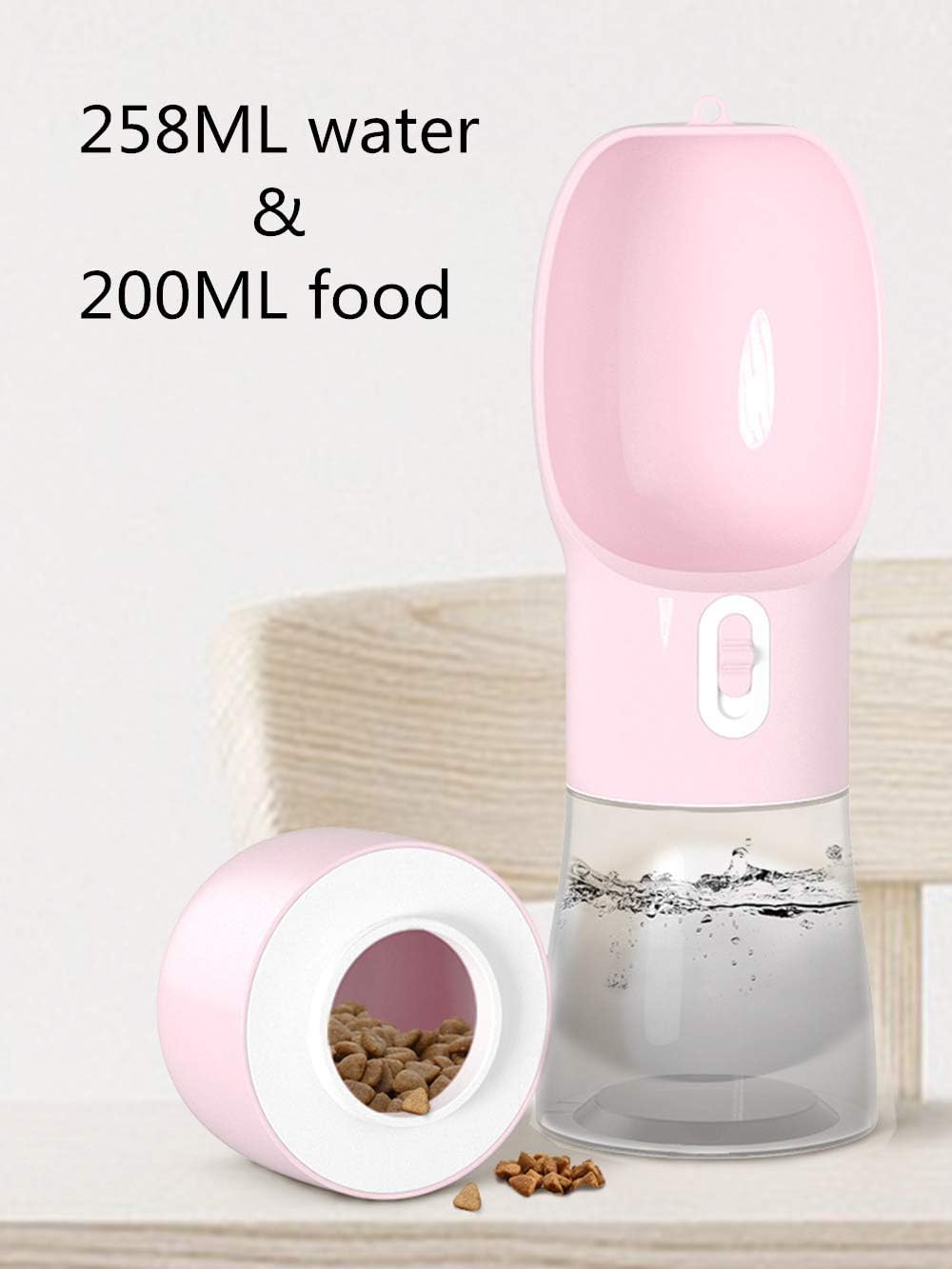 Portable Dog Water Bottle - Leak-Proof Dispenser with Integrated Bowl and Food Container, Dishwasher Safe, Made from Food Grade Plastic for Outdoor Activities with Pets, Pink