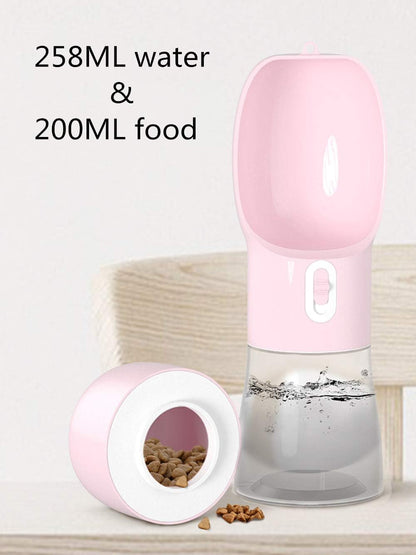 Portable Dog Water Bottle - Leak-Proof Dispenser with Integrated Bowl and Food Container, Dishwasher Safe, Made from Food Grade Plastic for Outdoor Activities with Pets, Pink