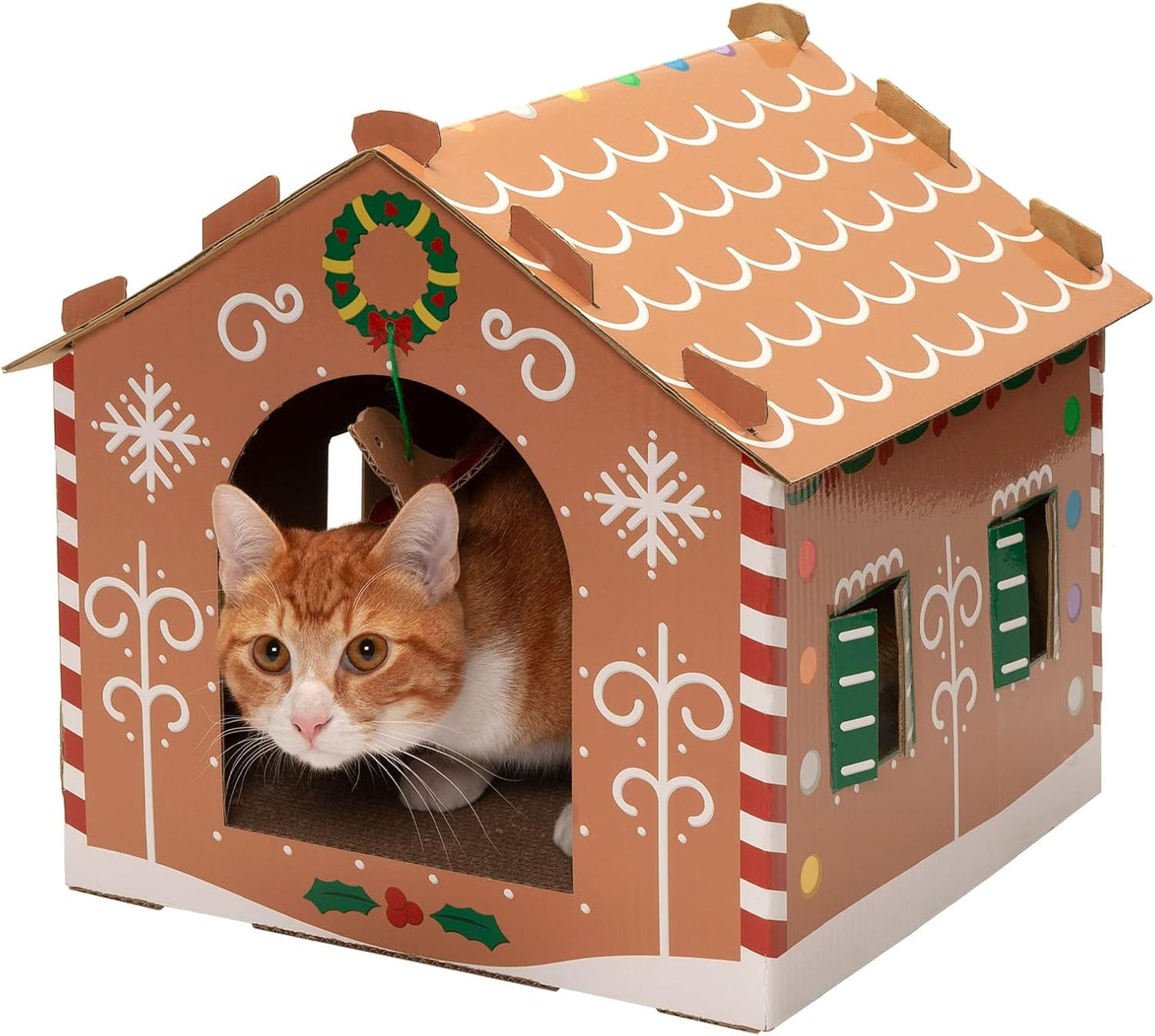 Cardboard Cat House W/ Catnip for Indoor Cats, Ft. Scratching Pad & Hanging Toys - Decorated Gingerbread House Holiday Cat Scratcher Hideout - Christmas Print, One Size